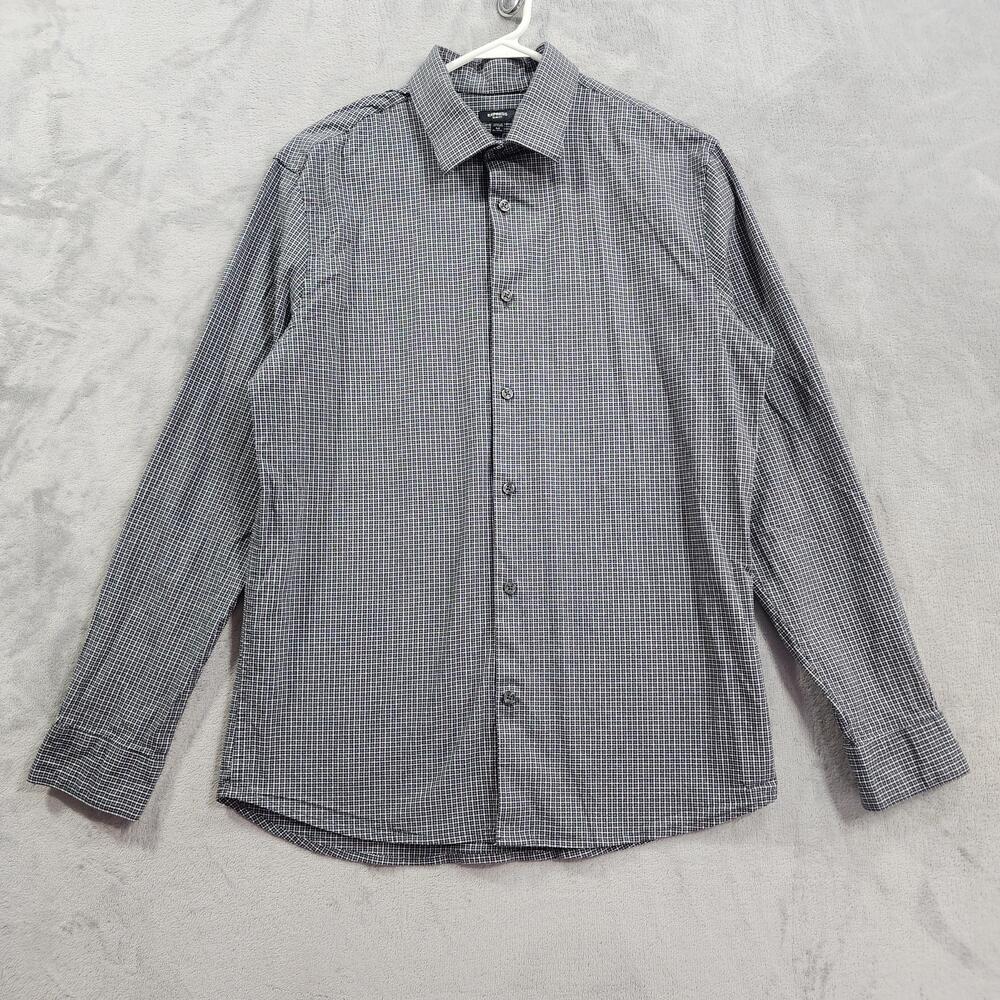 Express Dress Shirt Mens M 15.5 Gray Check Slim Fit Button Front Long Sleeve